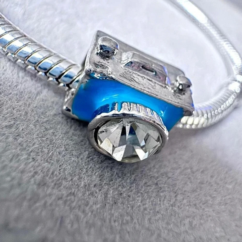 Camera Charm Blue Enamel‎ Crystal Lens Silver Tone Photography Bead fits PANDORA